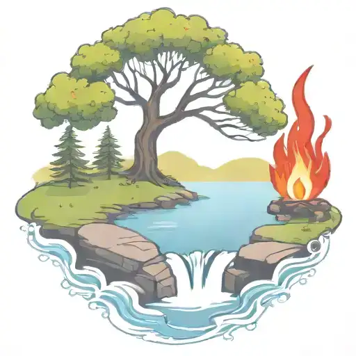 a rowan berry tree and a campfire beside a river waterfalling down the front tattoo design idea