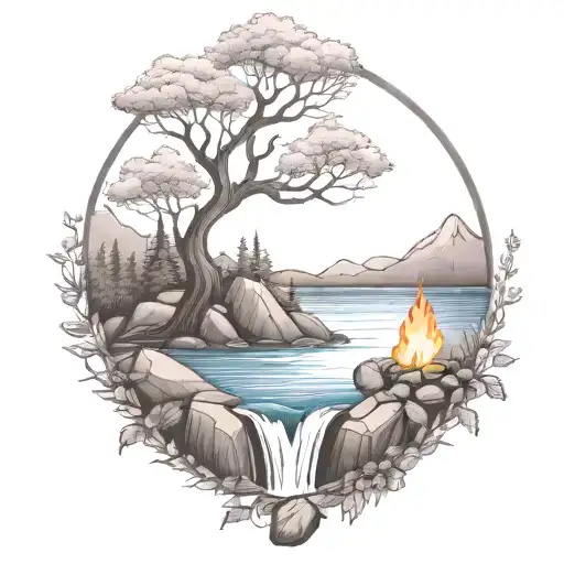 A River With A campfire and a rowan tree on either side of It Waterfalls Down The Front tattoo design idea
