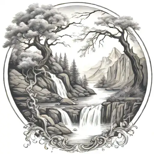a winding river flows through hills, past a mountain ash berry tree and ends in a waterfall off the page tattoo design idea