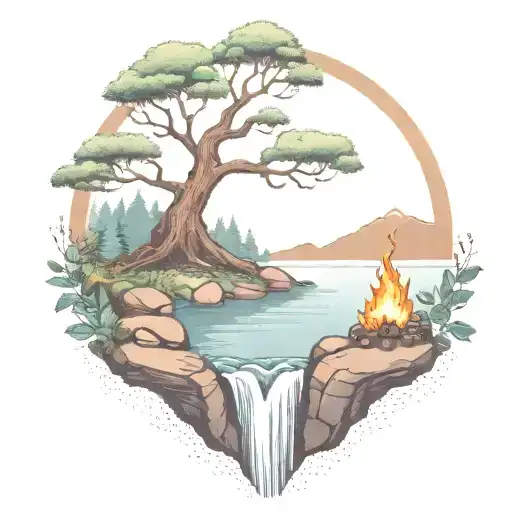 a rowan berry tree and a campfire beside a river waterfalling down the front tattoo design idea