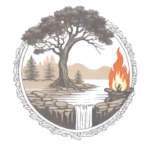 a rowan berry tree and a campfire beside a river waterfalling down the front tattoo design idea