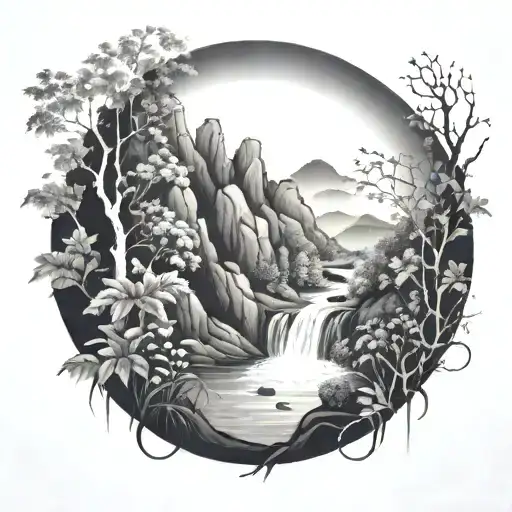 a river winds through low rounded hills, past a berry bush and ends in a waterfall, flowing through the bottom tattoo design idea