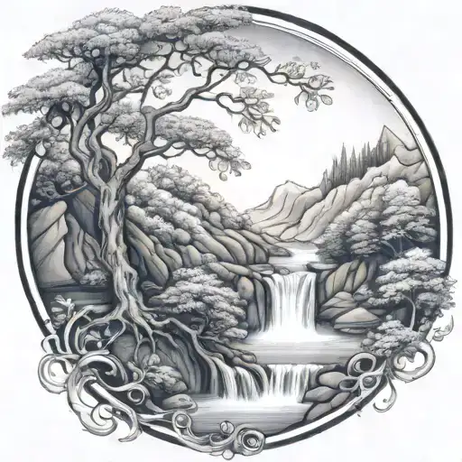 a winding river flows past a mountain ash tree and a fire and ends in a waterfall flowing through the bottom tattoo design idea