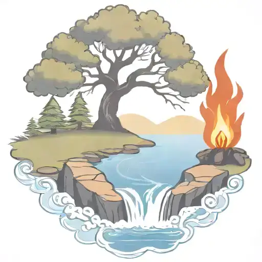 a rowan berry tree and a campfire beside a river waterfalling down the front tattoo design idea