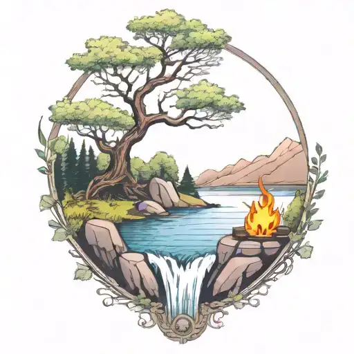 A River With A campfire and a rowan tree on either side of It Waterfalls Down The Front tattoo design idea