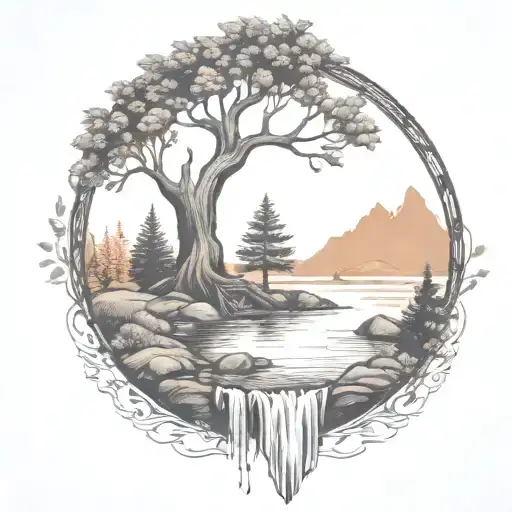 a rowan berry tree and a campfire beside a river waterfalling down the front tattoo design idea