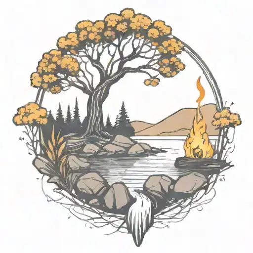 a rowan berry tree and a campfire beside a river waterfalling down the front tattoo design idea