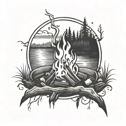 a campfire beside a river tattoo design idea