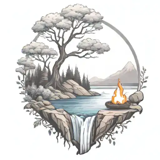 A River With A campfire and rowan tree on either side of It Waterfalls Down The Front tattoo design idea