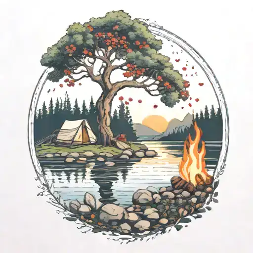a rowan berry tree and a campfire beside a river waterfalling down the front tattoo design idea