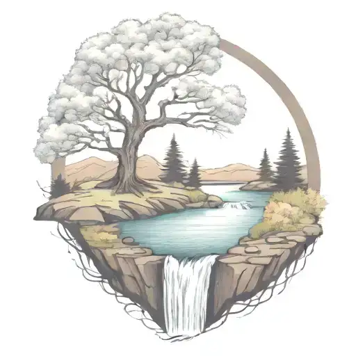 A River With A campfire and a rowan tree on either side of It Waterfalls Down The Front tattoo design idea