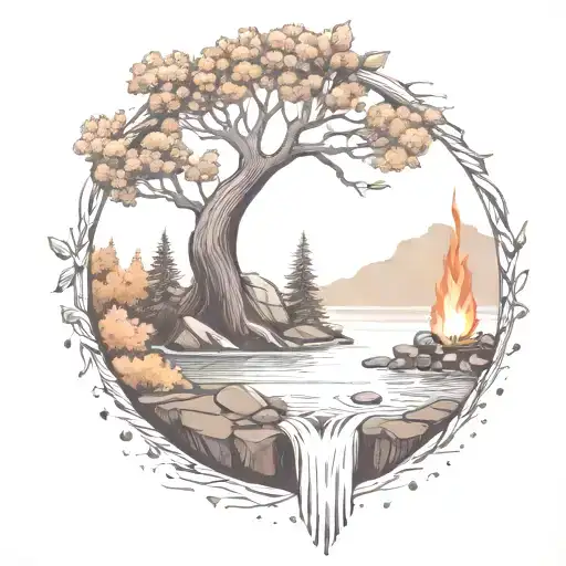 a rowan berry tree and a campfire beside a river waterfalling down the front tattoo design idea