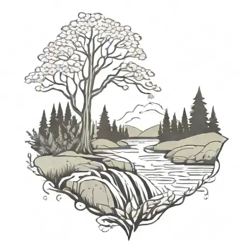 A River With A campfire and a berry bush Beside It Waterfalls Down The Front tattoo design idea