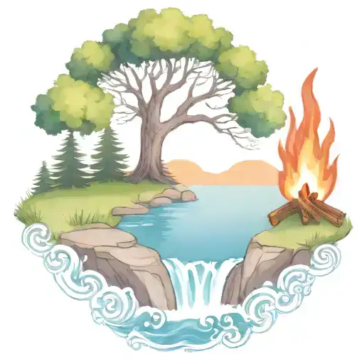a rowan berry tree and a campfire beside a river waterfalling down the front tattoo design idea