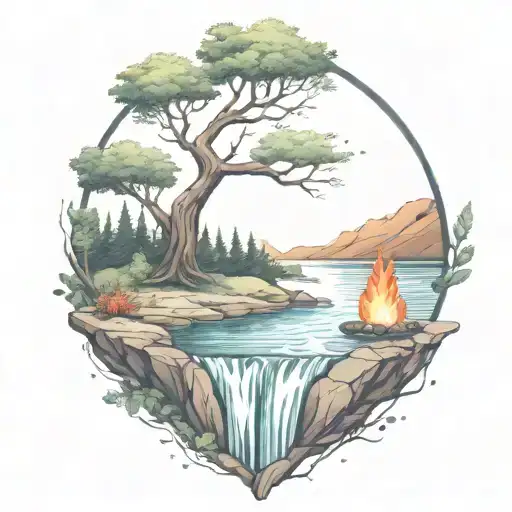 A River With A campfire and a rowan tree on either side of It Waterfalls Down The Front tattoo design idea