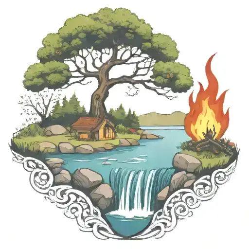 a rowan berry tree and a campfire beside a river waterfalling down the front tattoo design idea