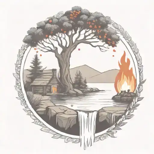 a rowan berry tree and a campfire beside a river waterfalling down the front tattoo design idea