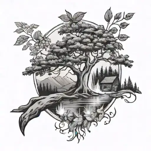 a mountain ash tree and a campfire by a river waterfall tattoo design idea