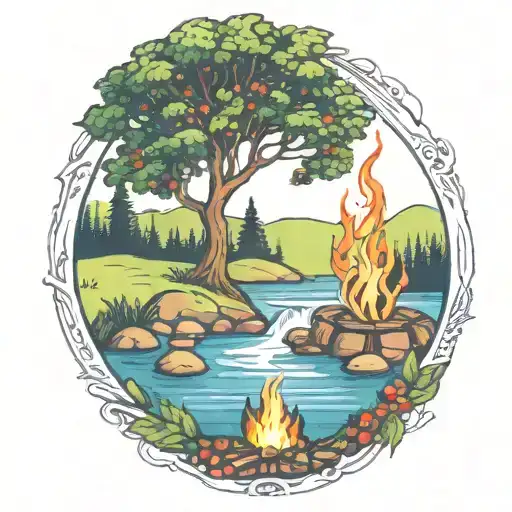 a rowan berry tree and a campfire beside a river waterfalling down the front tattoo design idea