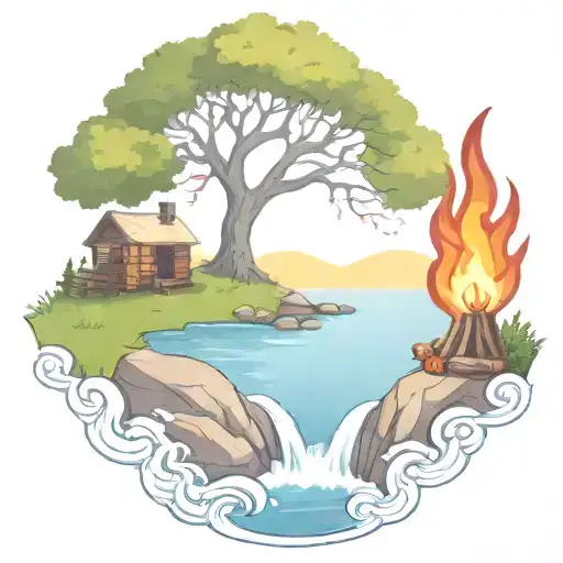 a rowan berry tree and a campfire beside a river waterfalling down the front tattoo design idea