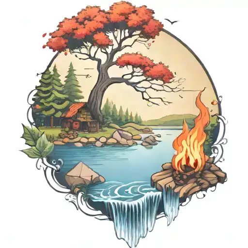 a rowan berry tree and a campfire beside a river waterfalling down the front tattoo design idea