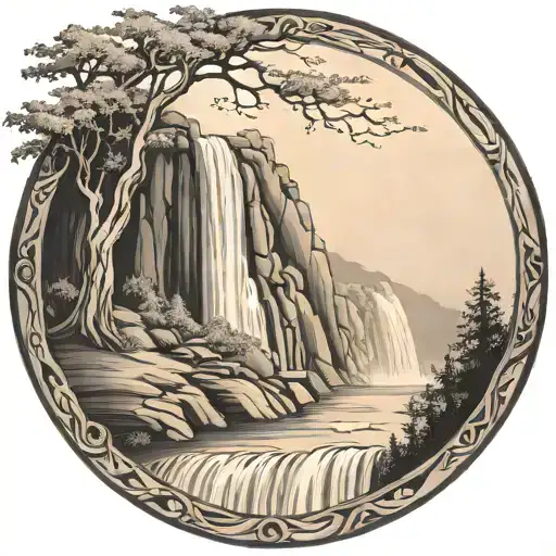 a river winds through low hills, past a huge fire and ends in a waterfall, breaking through and flowing out the bottom tattoo design idea