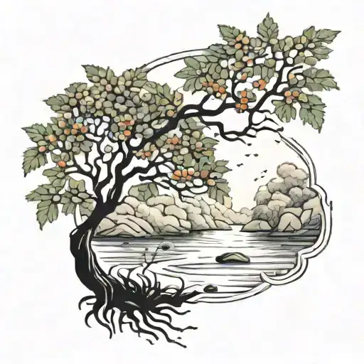 a rowan tree beside a river waterfalling down the front tattoo design idea