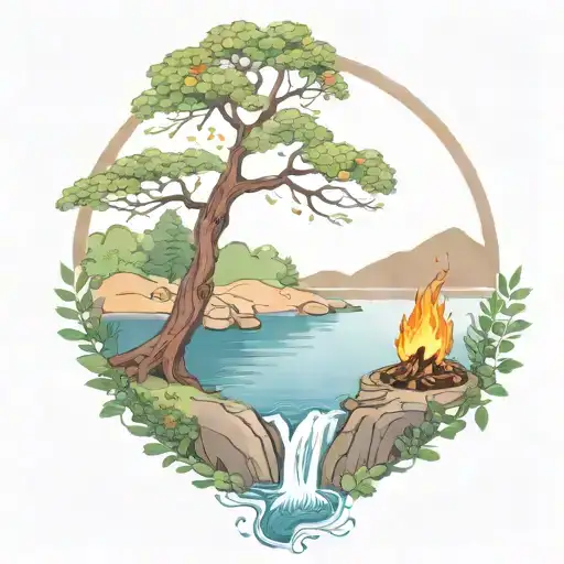 a rowan berry tree and a campfire beside a river waterfalling down the front tattoo design idea