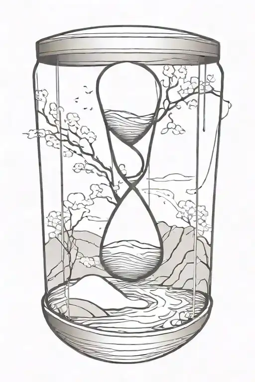 simple hourglass with a winding river in the top part that waterfalls into the bottom part tattoo design idea
