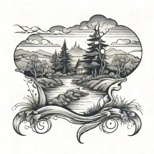 a river flowing through hills with a bush on one side of the river and a campfire on the other side of the riverbank tattoo design idea