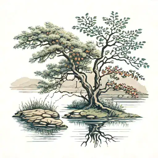 a winding river with a rowan tree beside it tattoo design idea