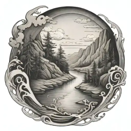 a river winds through low hills and flows out through the bottom tattoo design idea