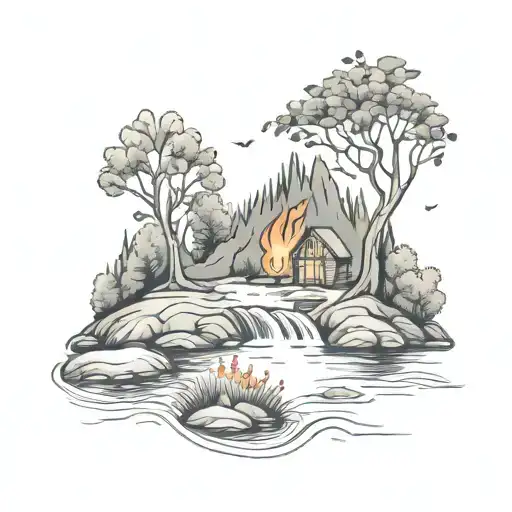 a campfire beside a winding river flowing past a rowan tree and then down through the middle tattoo design idea