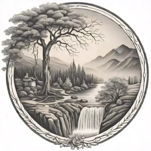 a river winding through hills flows past a rowan tree and a campfire and waterfalls down through the bottom tattoo design idea