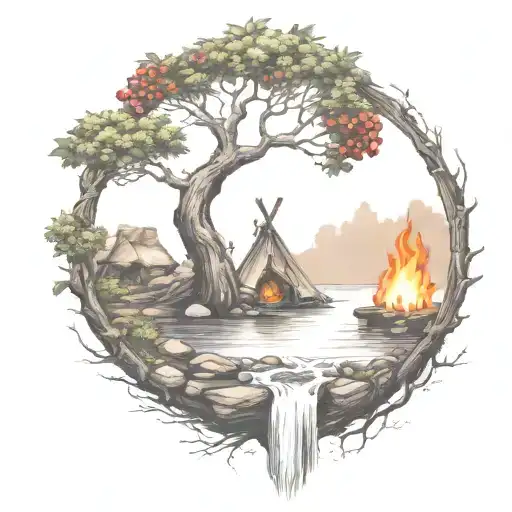 a rowan berry tree and a campfire beside a river waterfalling down the front tattoo design idea