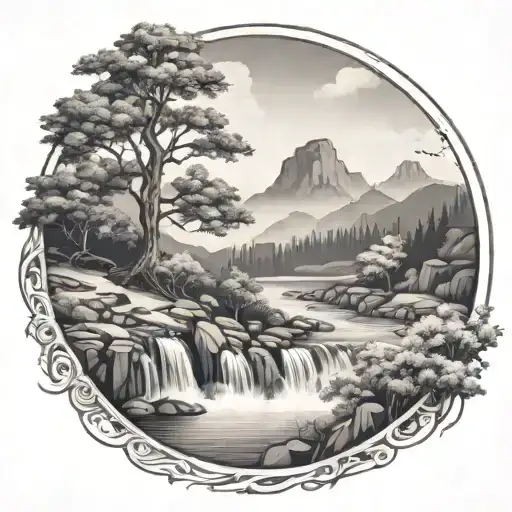 a river winds through small hills and flows past a rowan tree and then waterfalls down through the bottom tattoo design idea