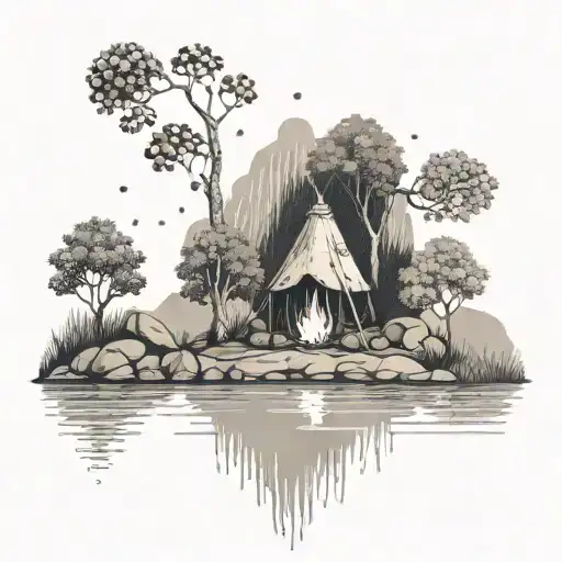 a rowan berry tree and a campfire beside a river waterfalling down the front tattoo design idea