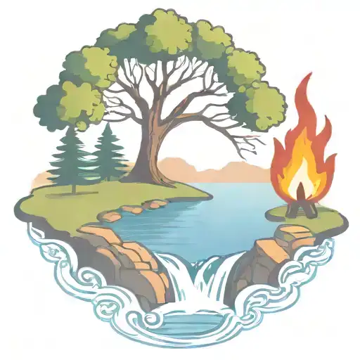 a rowan berry tree and a campfire beside a river waterfalling down the front tattoo design idea