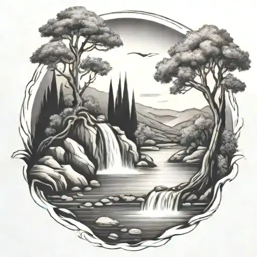 river flowing through the middle and waterfalling down the front with a campfire and a olive tree beside it tattoo design idea