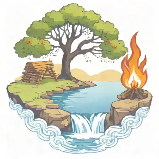 a rowan berry tree and a campfire beside a river waterfalling down the front tattoo design idea