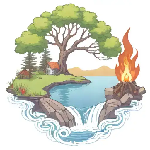 a rowan berry tree and a campfire beside a river waterfalling down the front tattoo design idea
