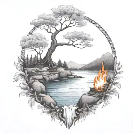 A River With A campfire and a rowan tree on either side of It Waterfalls Down The Front tattoo design idea