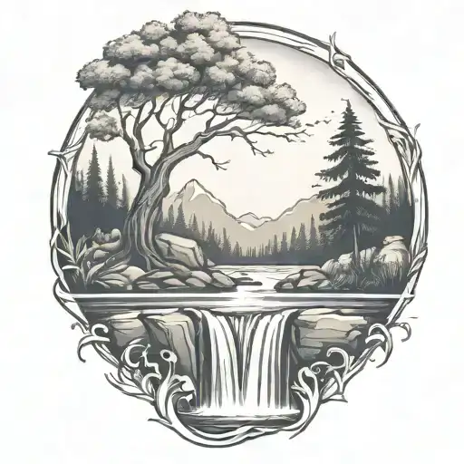 A river with a berry bush on one side and a campfire on the other side waterfalls down the front tattoo design idea
