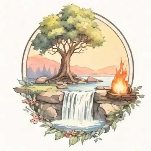 a rowan berry tree and a campfire beside a river waterfalling down the front tattoo design idea