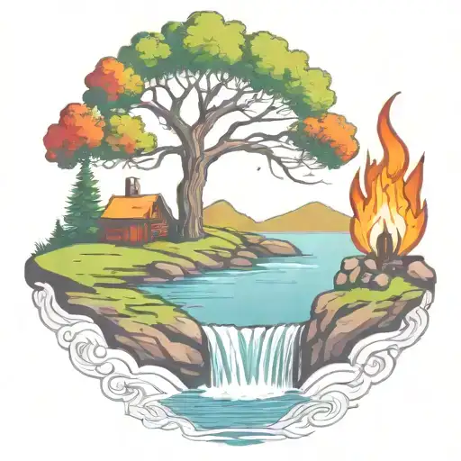 a rowan berry tree and a campfire beside a river waterfalling down the front tattoo design idea