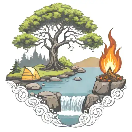 a rowan berry tree and a campfire beside a river waterfalling down the front tattoo design idea