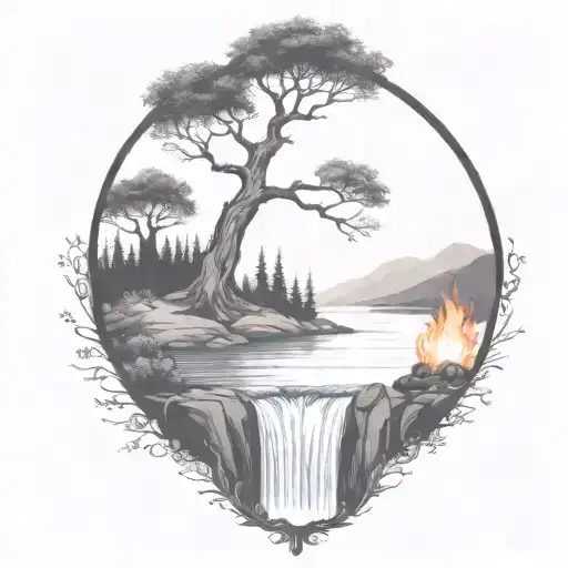 A River With A campfire and a rowan tree on either side of It Waterfalls Down The Front tattoo design idea