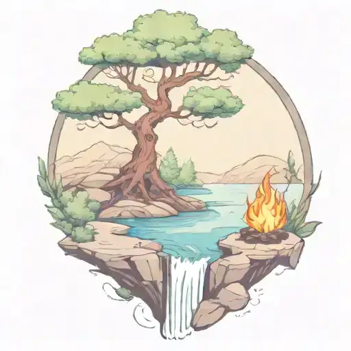 A River With A campfire and a rowan berry tree on either side of It Waterfalls Down The Front tattoo design idea