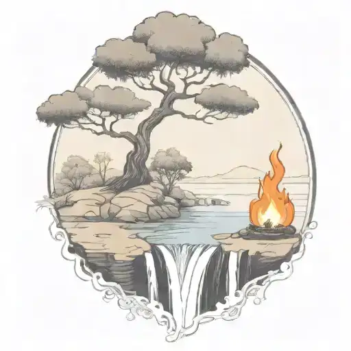 A River With A campfire and a rowan berry tree on either side of It Waterfalls Down The Front tattoo design idea
