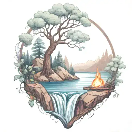 A River With A campfire and a berry bush Beside It Waterfalls Down The Front tattoo design idea